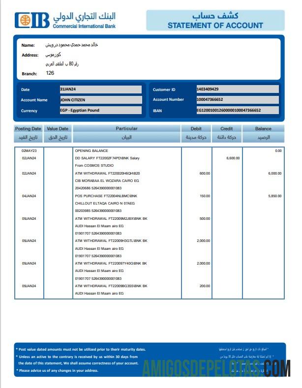 Modelo de extrato bancário EGITO CIB para download, formato Word e PDF